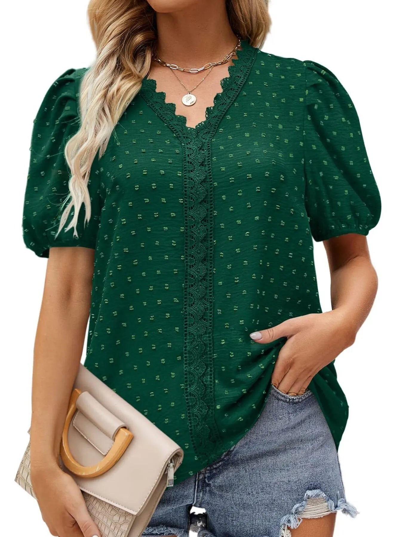 Puff Sleeve Swiss Dot Lace Trim Blouse OutfitFlow