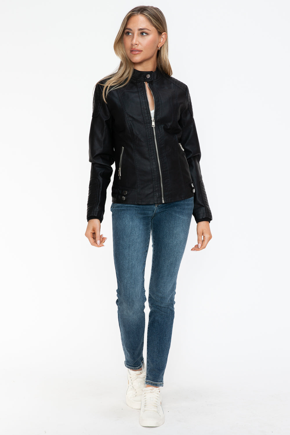 Outfit Flow - Snobbish Faux Leather Biker Jacket with Side Zip Pockets