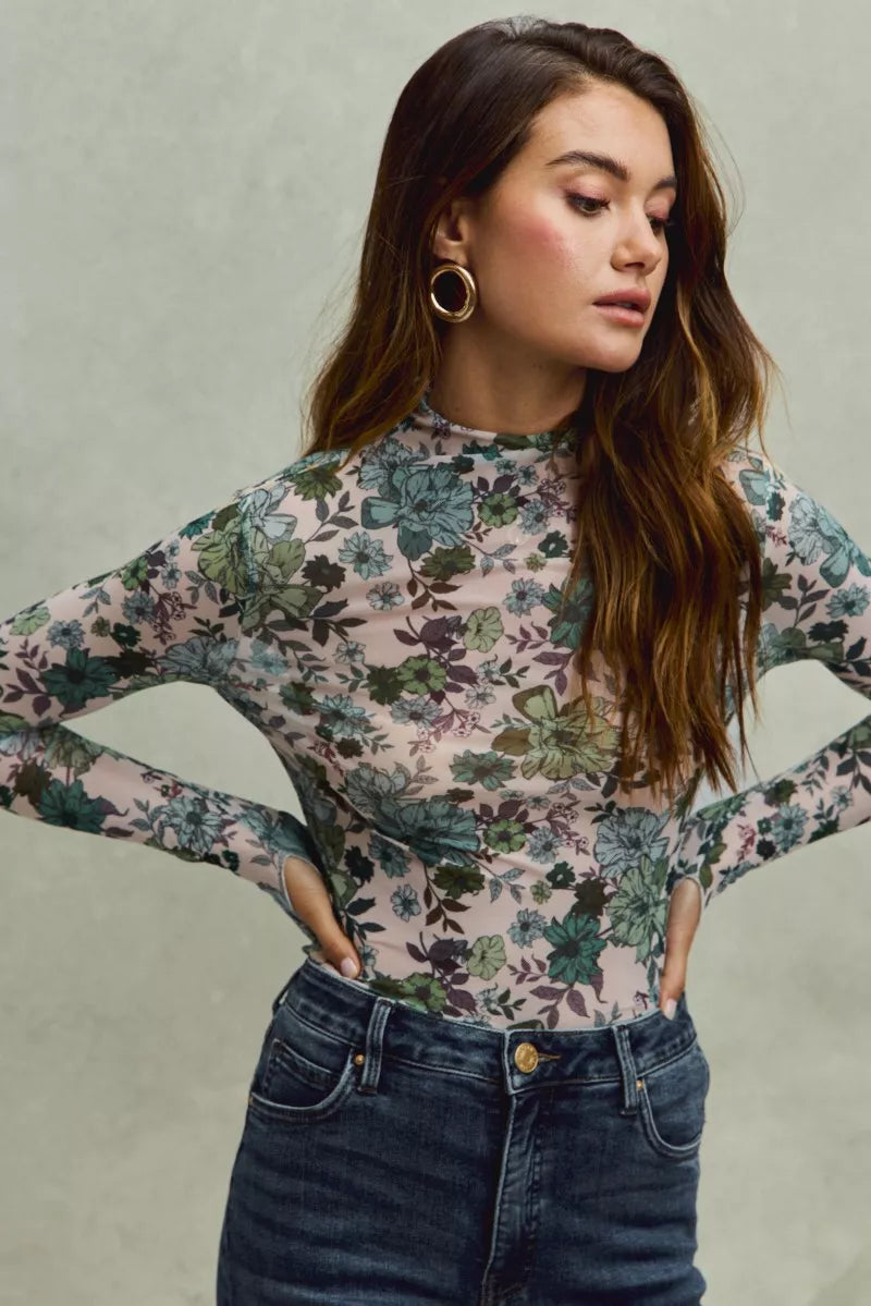 SO ME Floral Print Mesh Knit Long Sleeves Top OutfitFlow