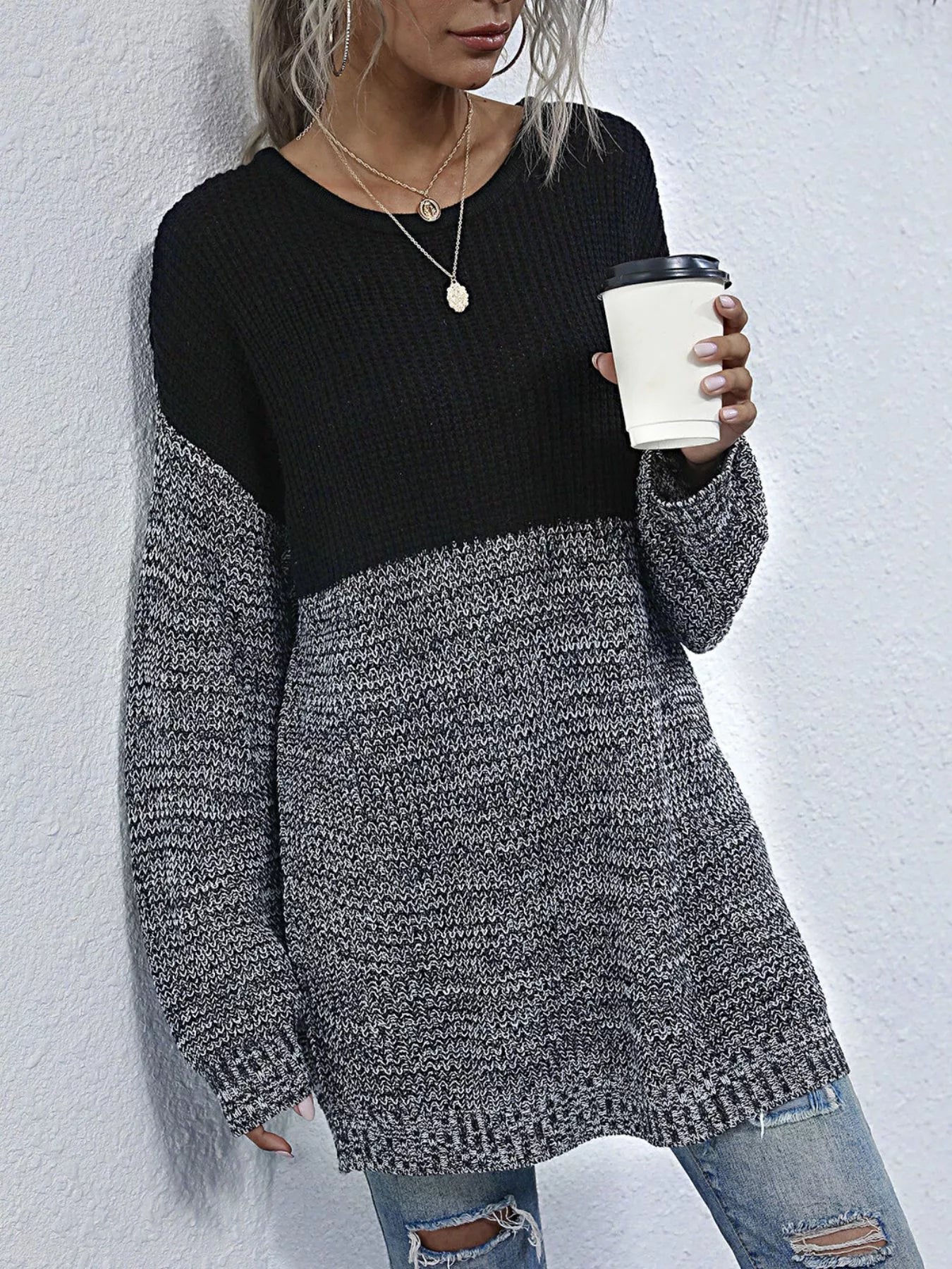 Color Block Long Sleeve Oversized Sweater OutfitFlow