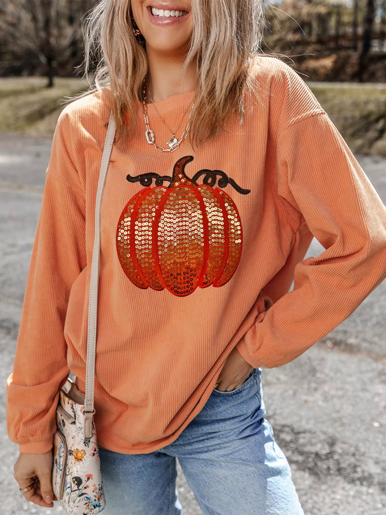 Halloween Sequined Pumpkin Ribbed Round Neck Sweatshirt OutfitFlow