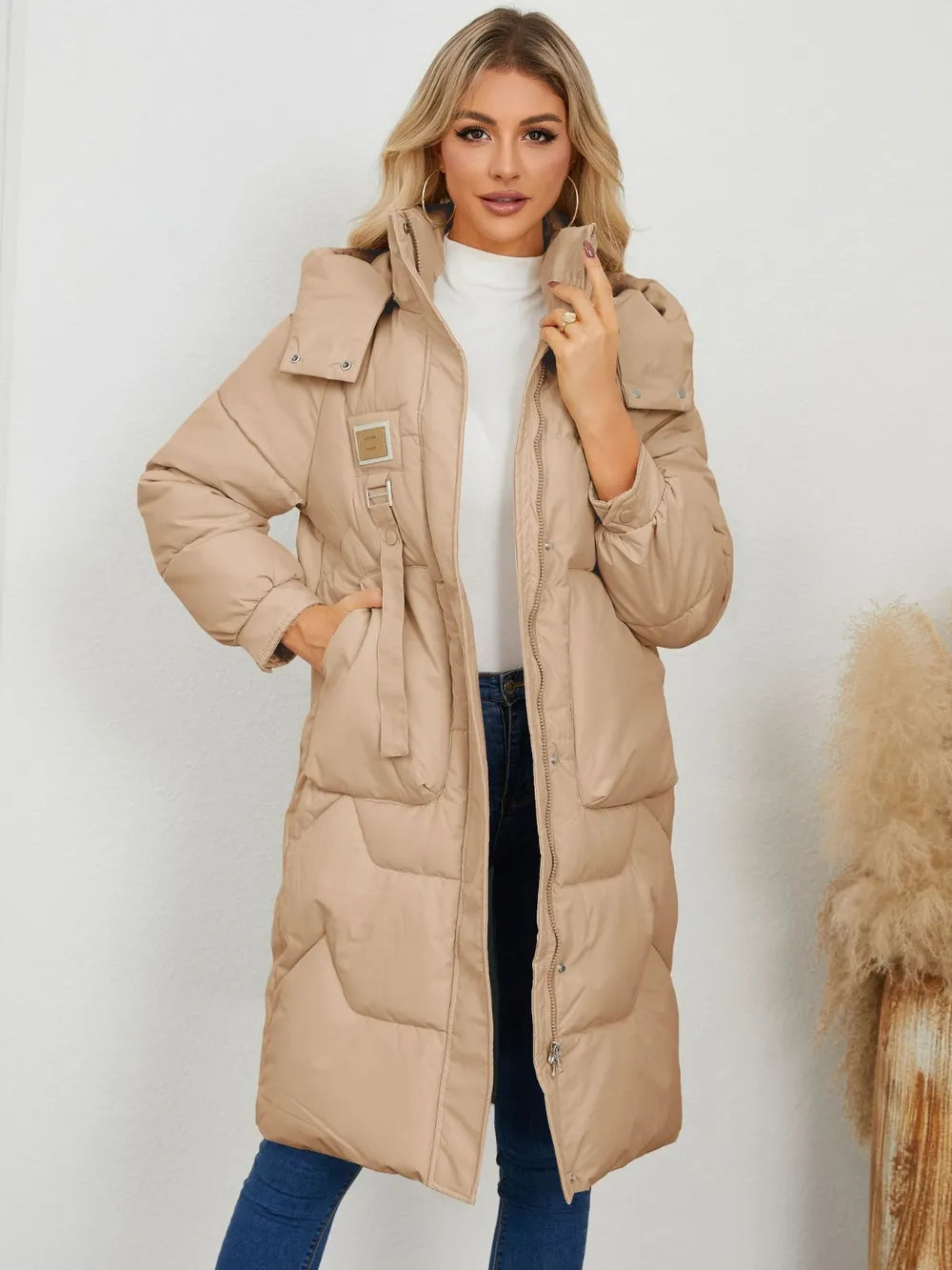 Long Sleeve Longline Hooded Winter Coat Camel OutfitFlow