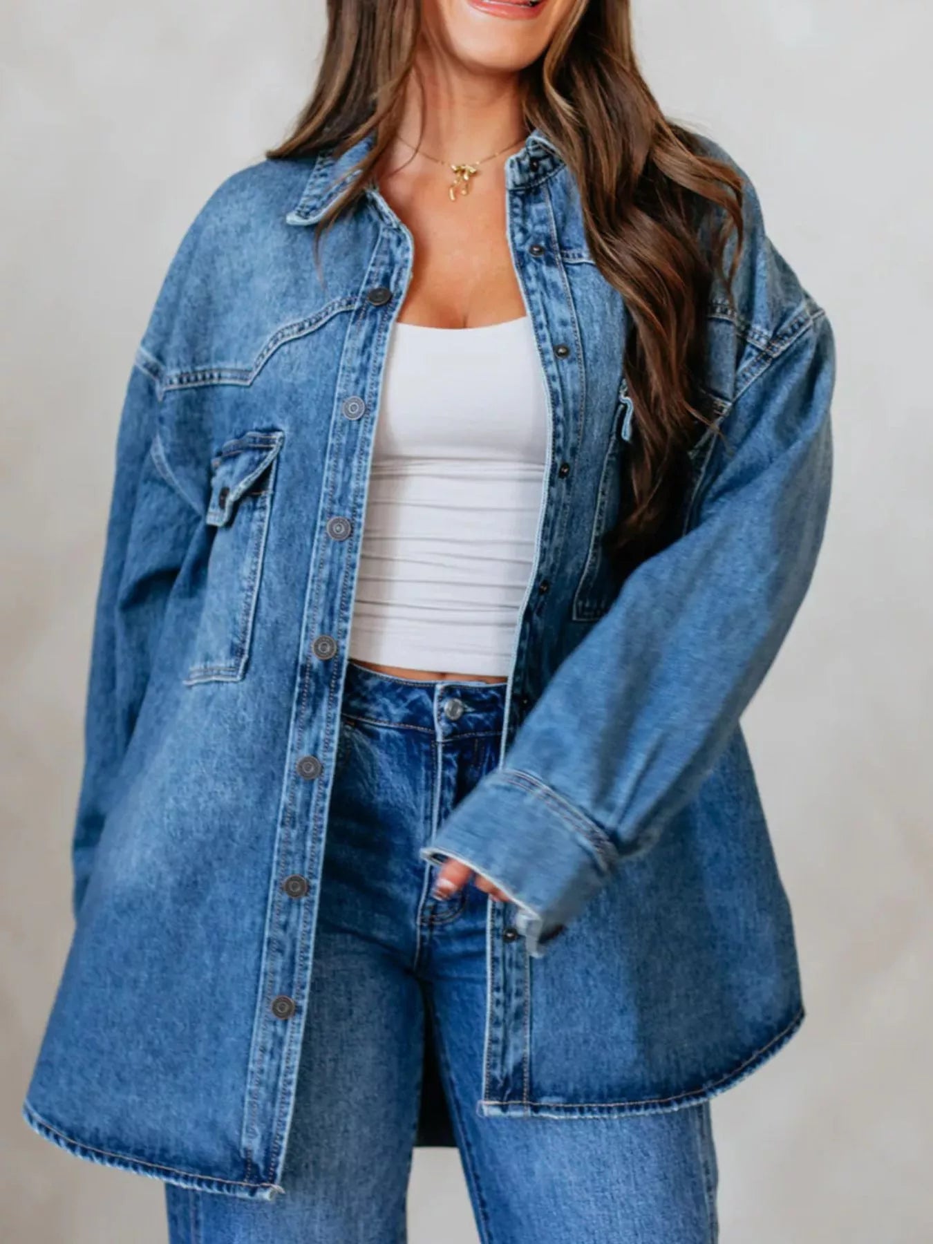 Snap Down Dropped Shoulder Denim Jacket OutfitFlow