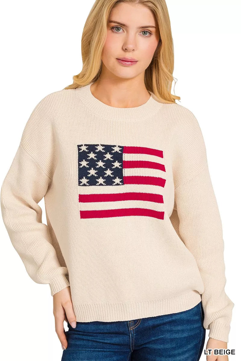 Zenana American Flag Crew Neck Sweater OutfitFlow