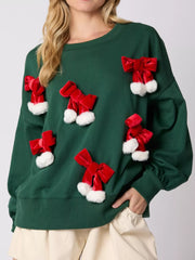 Christmas Long Sleeve Sweatshirt with Pom-Pom Bow Decoration OutfitFlow