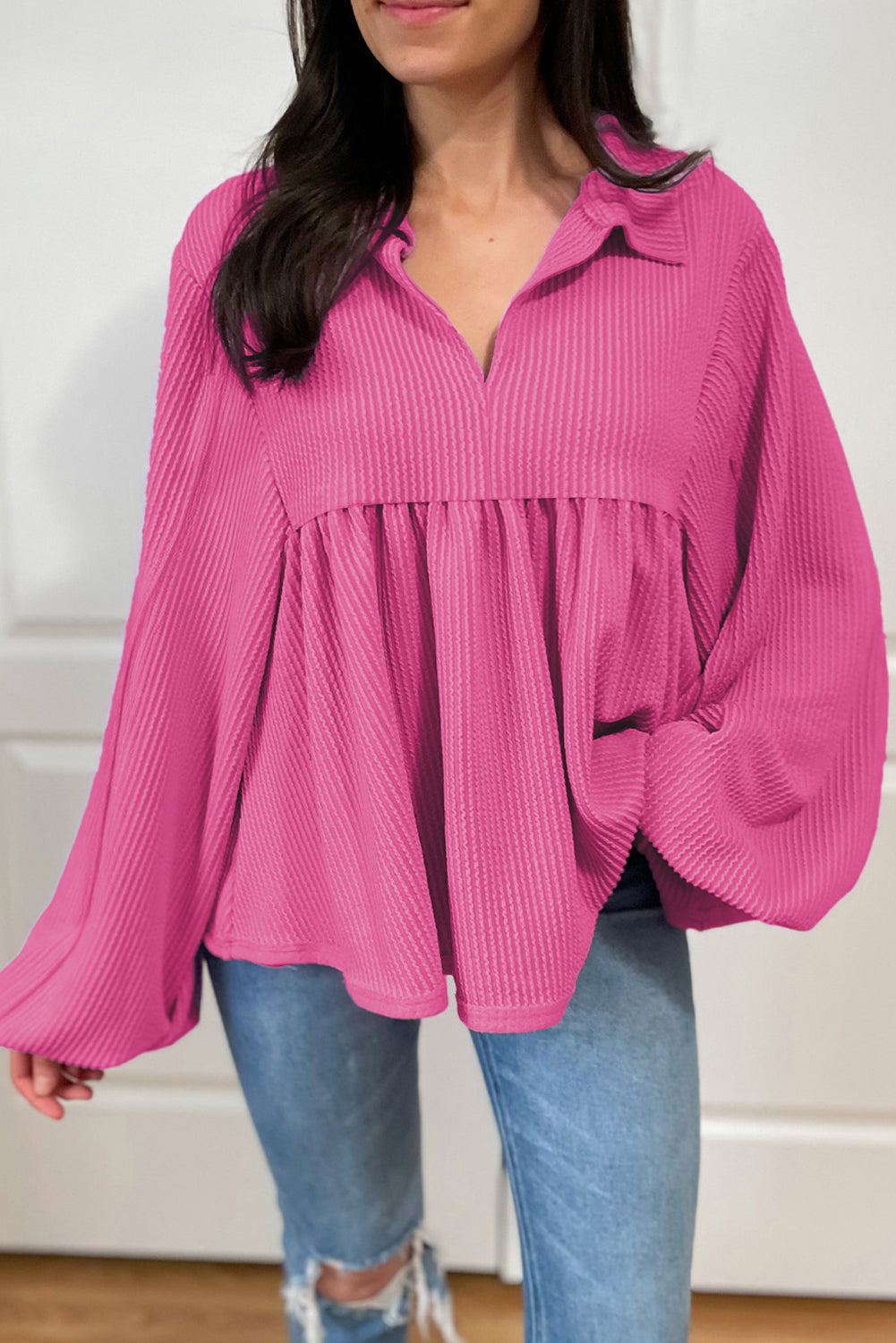 Corded Johnny Collar Long Sleeve Babydoll Blouse Hot Pink OutfitFlow