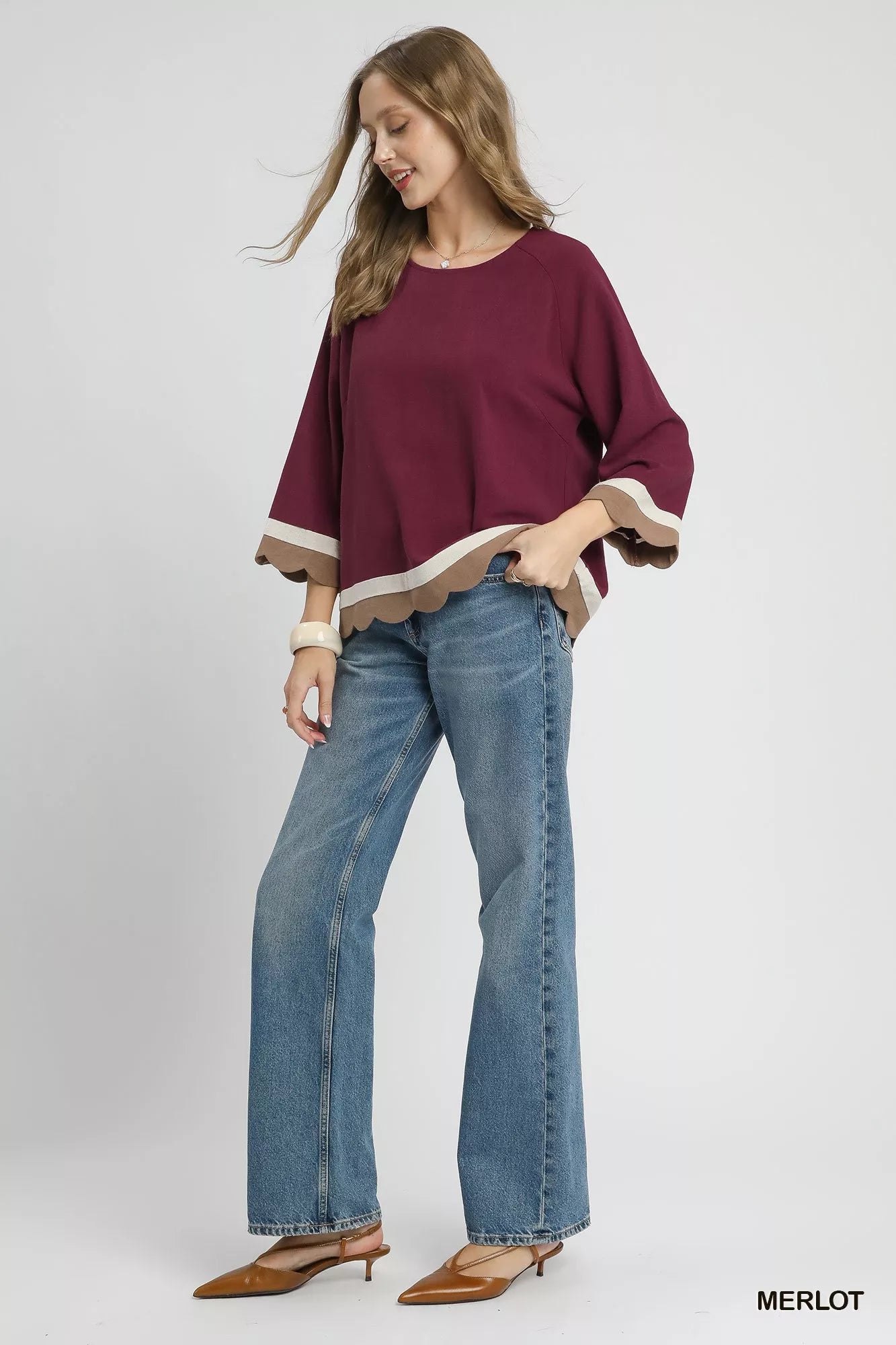 Umgee Scalloped Hem Color Block Top OutfitFlow