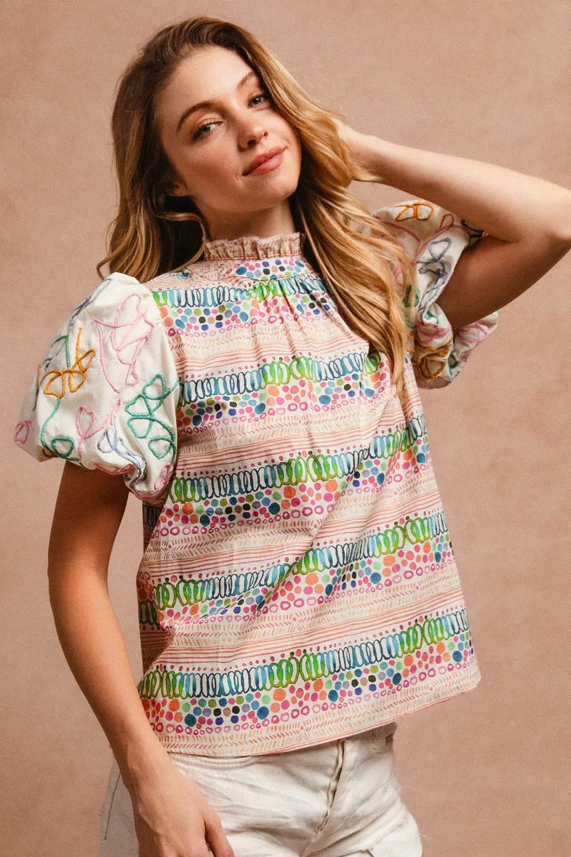 BiBi Ruffle Neckline Blouse With Embroidery Bubble Sleeve OutfitFlow