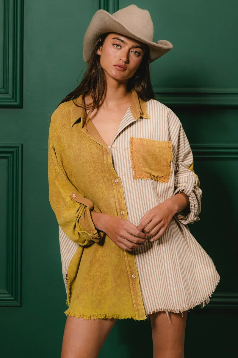 BiBi Washed Raw Hem Shirt OutfitFlow