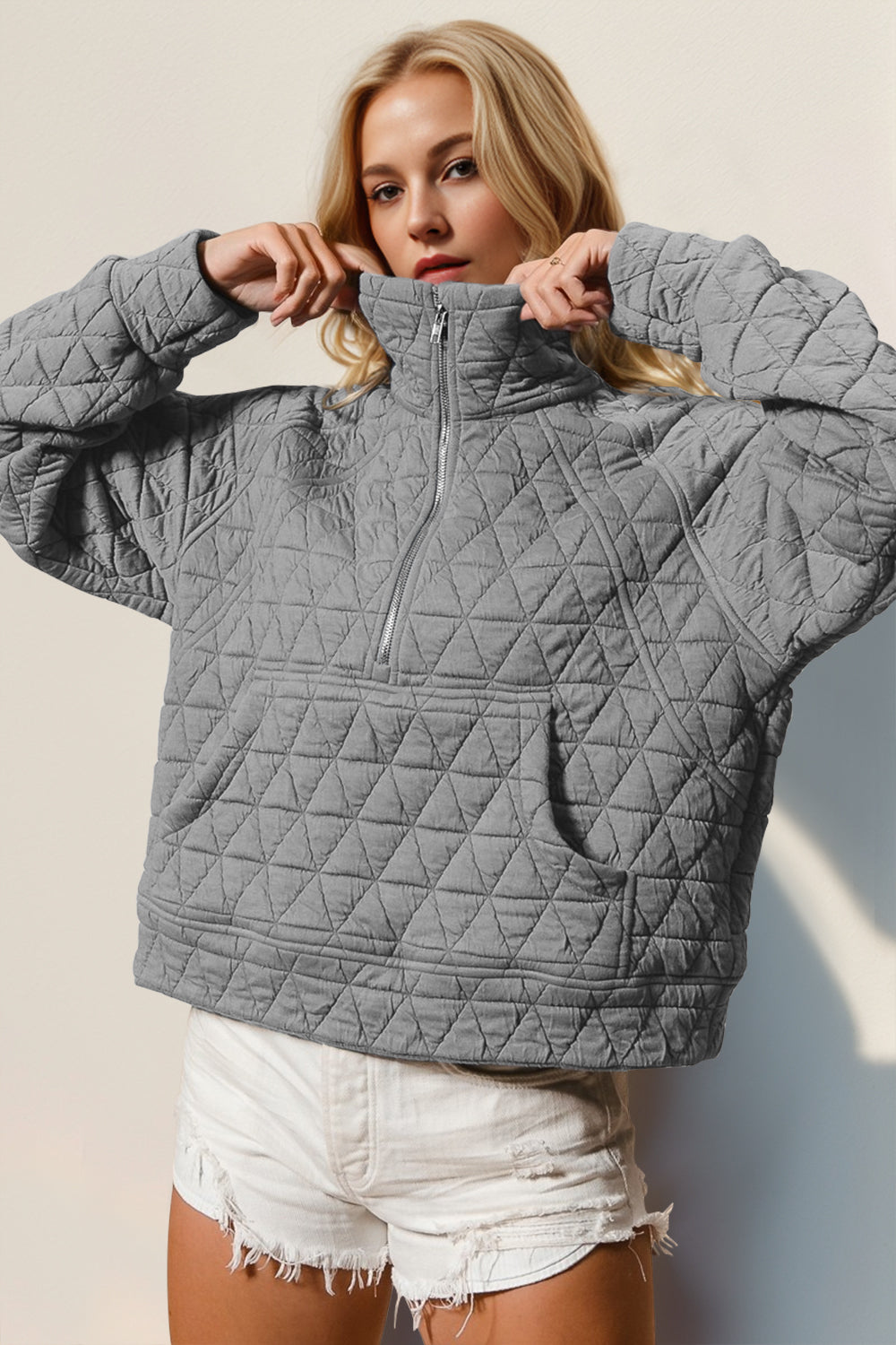 Outfit Flow - Double Take Half Zip Long Sleeve Quilted Sweatshirt with Pocket