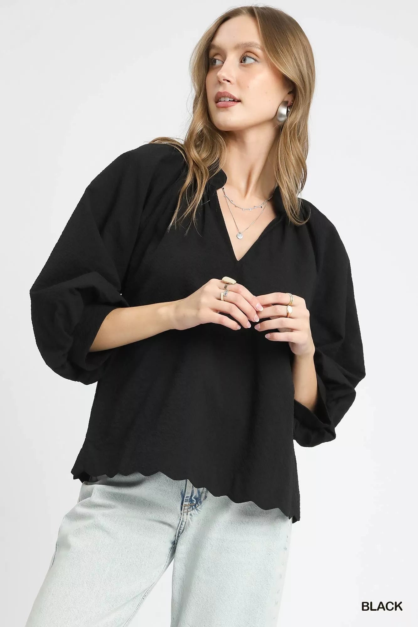 Umgee Full Size Textured Notched Balloon Sleeve Blouse Plus Size Black OutfitFlow