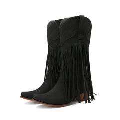 Point Toe Block Heels Boots Black OutfitFlow