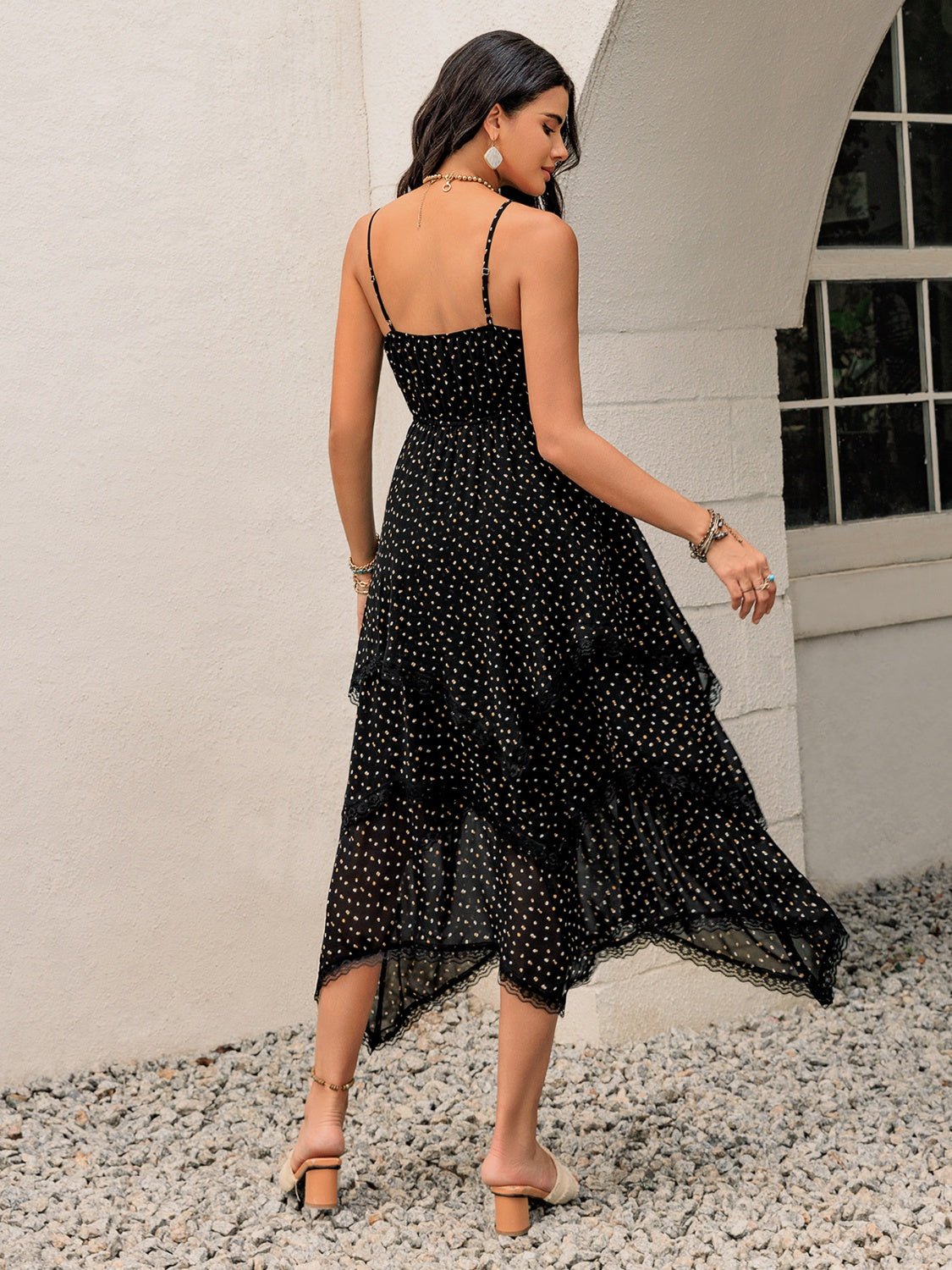 Lace Detail Layered Printed Midi Cami Dress OutfitFlow