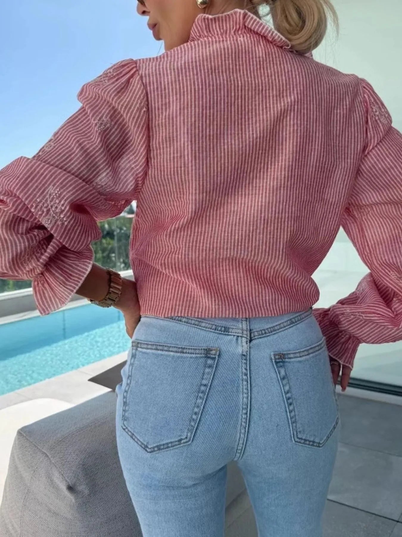 Button Up Flounce Sleeve Shirt OutfitFlow