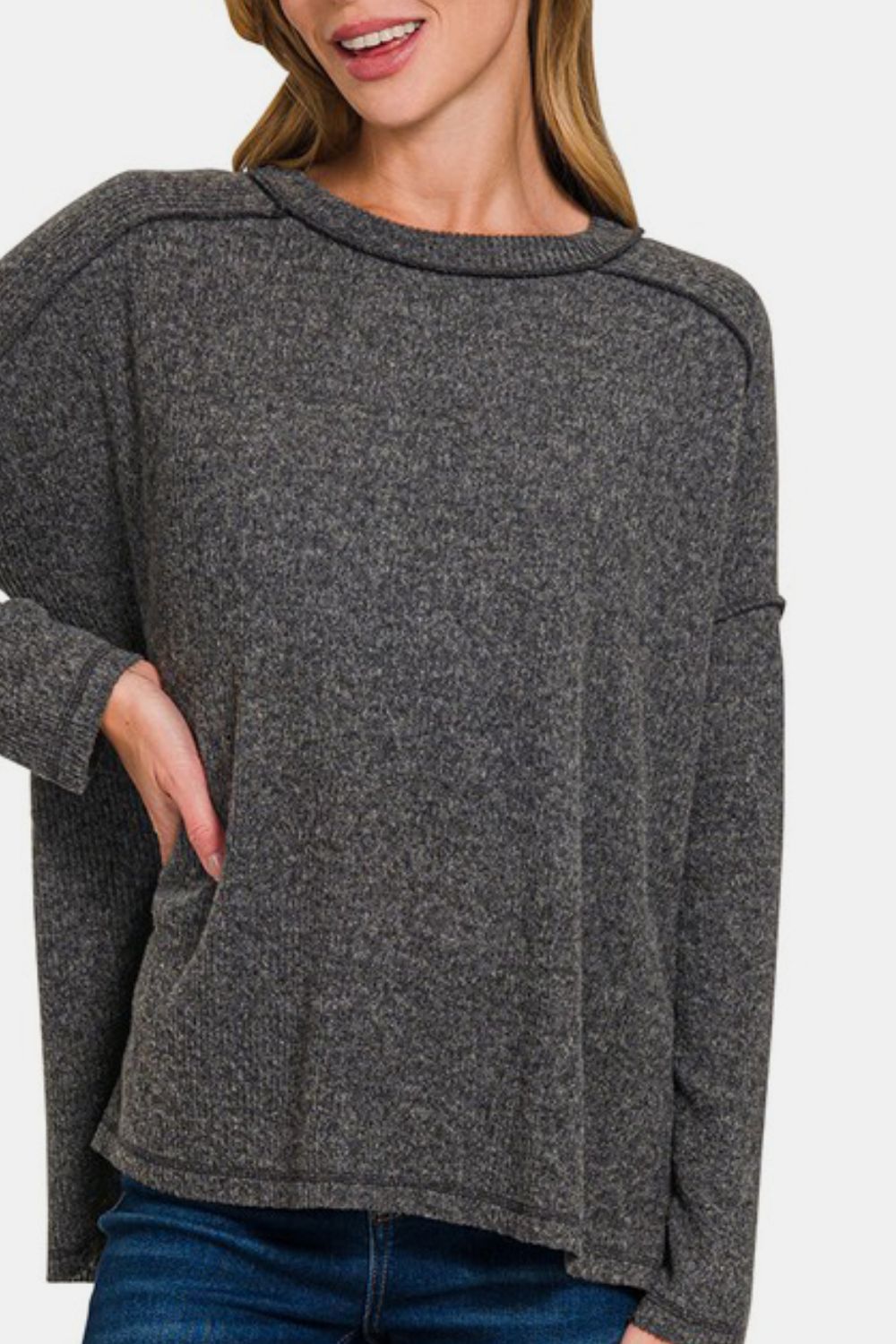 Outfit Flow - Zenana Full Size Exposed Seam Brushed Round Neck Sweater