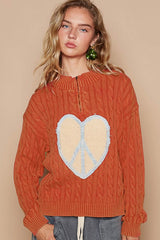 Outfit Flow - POL Cable-Knit Peace Patch Dropped Shoulder Sweater