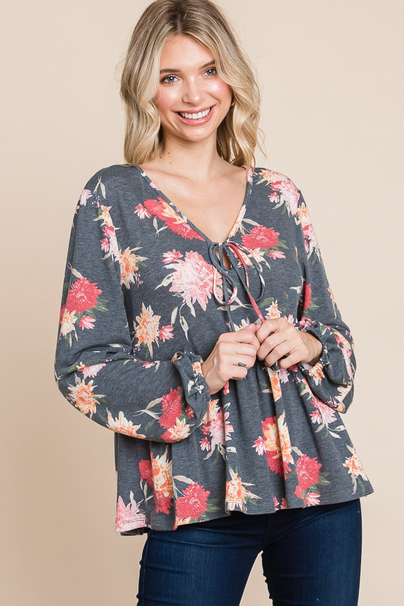 Outfit Flow - Super Lady Full Size Babydoll Floral Long Sleeve Blouse