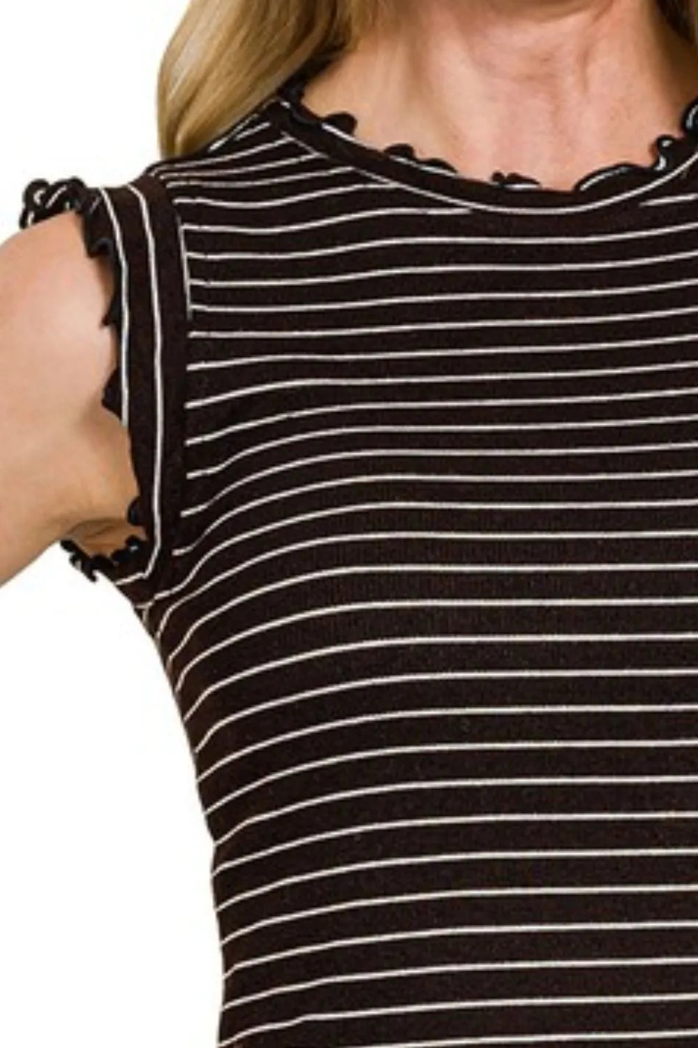 Zenana Ribbed Ruffle Trim Sleeveless Stripe Top OutfitFlow