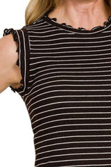 Zenana Ribbed Ruffle Trim Sleeveless Stripe Top OutfitFlow
