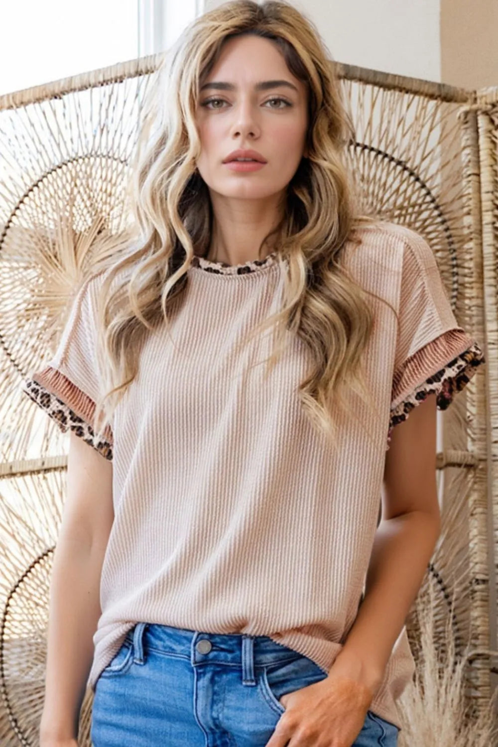 Leopard Trim Round Neck Ribbed T-Shirt Beige OutfitFlow