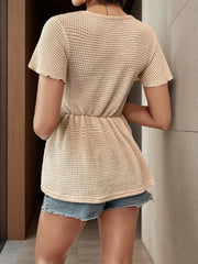 Waffle Knit V-Neck T-Shirt with Lace Trim Detail OutfitFlow