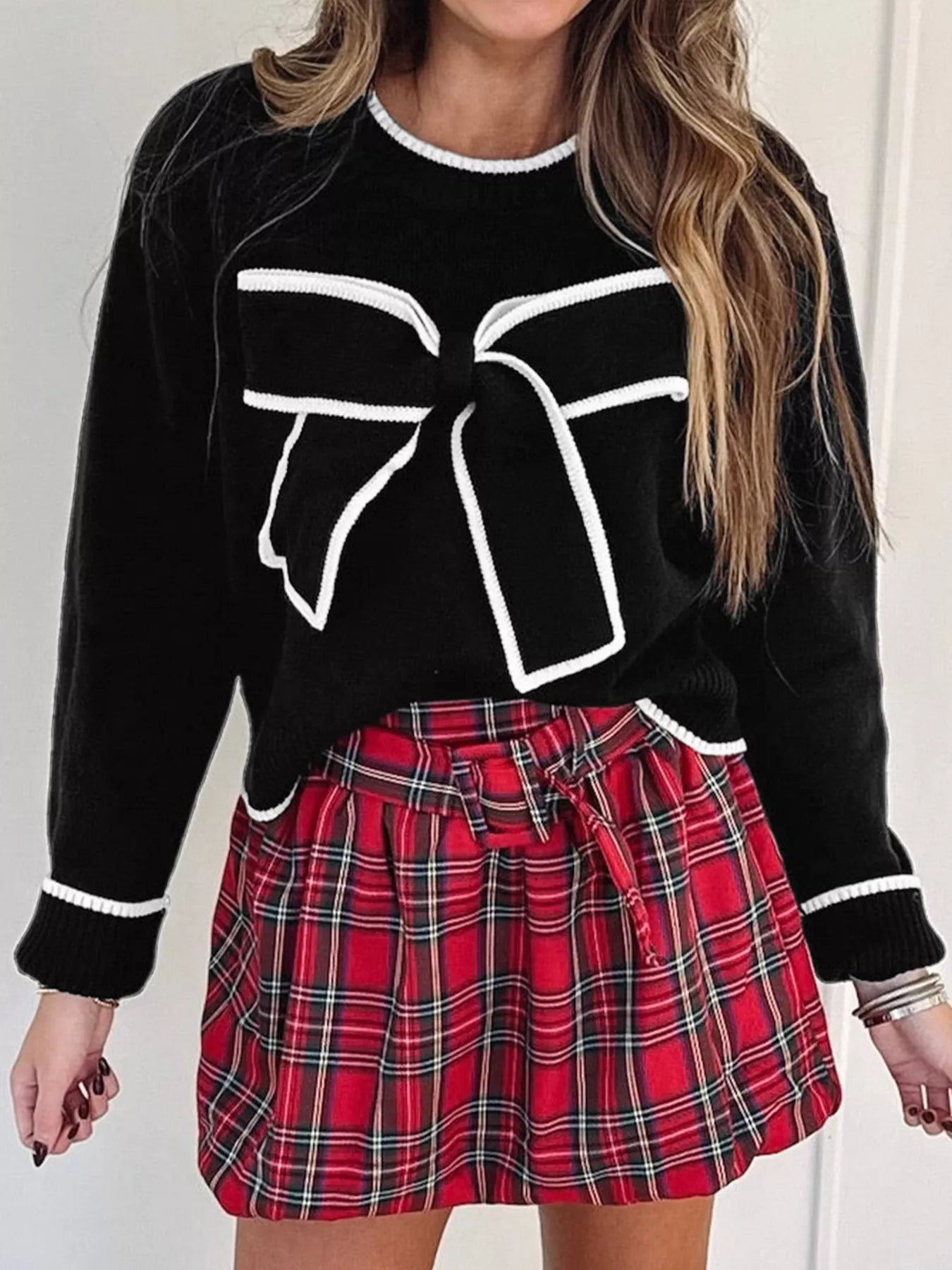 Contrast Trim Bow Accent Holiday Cropped Sweater Black OutfitFlow