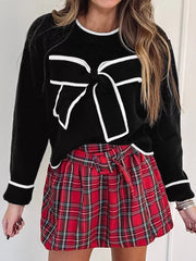 Contrast Trim Bow Accent Holiday Cropped Sweater Black OutfitFlow