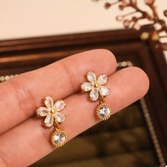 18K Gold-Plated Stainless Steel Zircon Flower Drop Earrings OutfitFlow