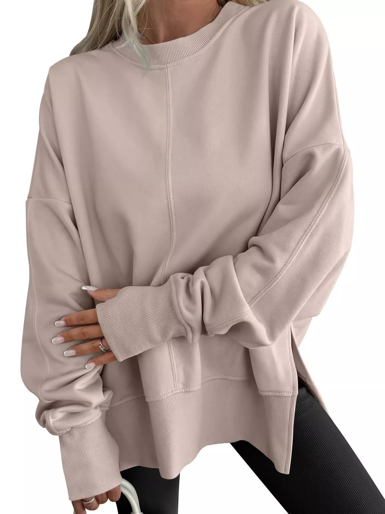 Side Slit Round Neck Long Sleeve Sweatshirt Khaki OutfitFlow
