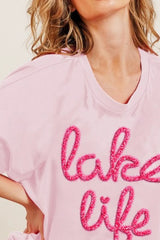 BiBi Metallic Letter Short Dolman Sleeve Top OutfitFlow