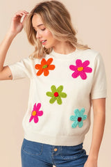 BiBi Crochet Flower Patch Sweater Top OutfitFlow