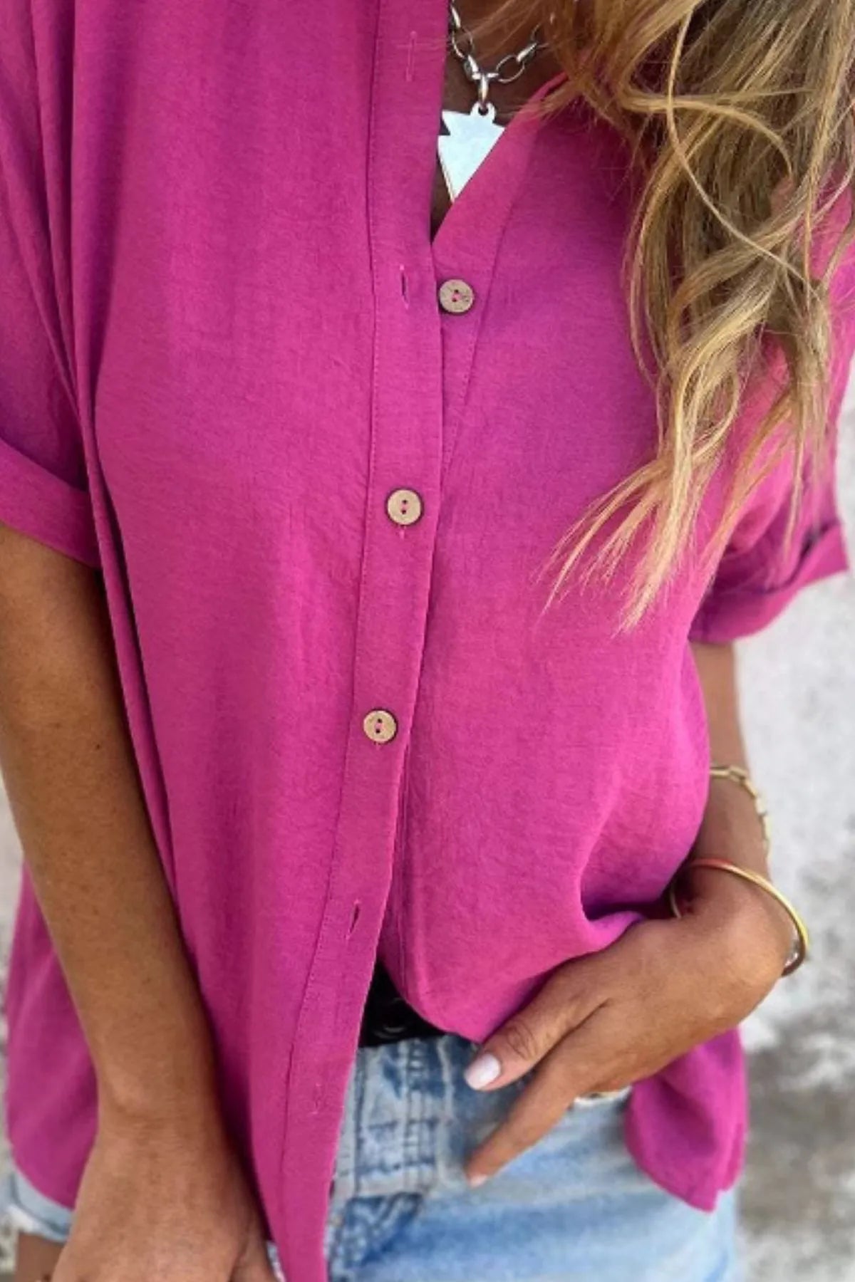 Full Size Casual Button Down Short Sleeve Loose Shirt Plus Size OutfitFlow