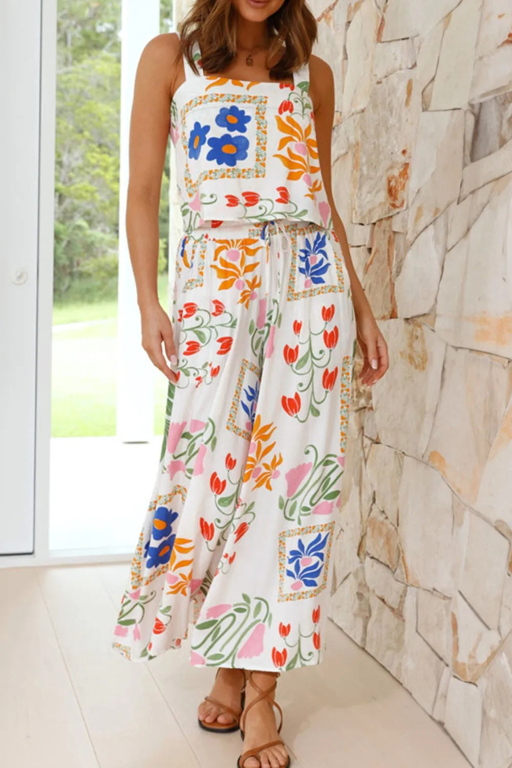 Printed Square Neck Top and Pants Set OutfitFlow