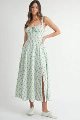 MABLE Floral Print Bustier Back Lace Up Midi Dress MINT OutfitFlow