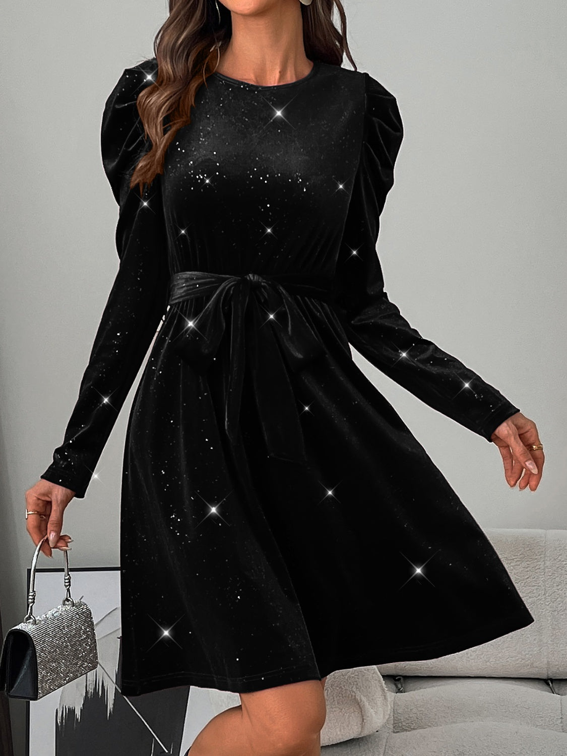 Outfit Flow - Glitter Round Neck Puff Sleeve Dress