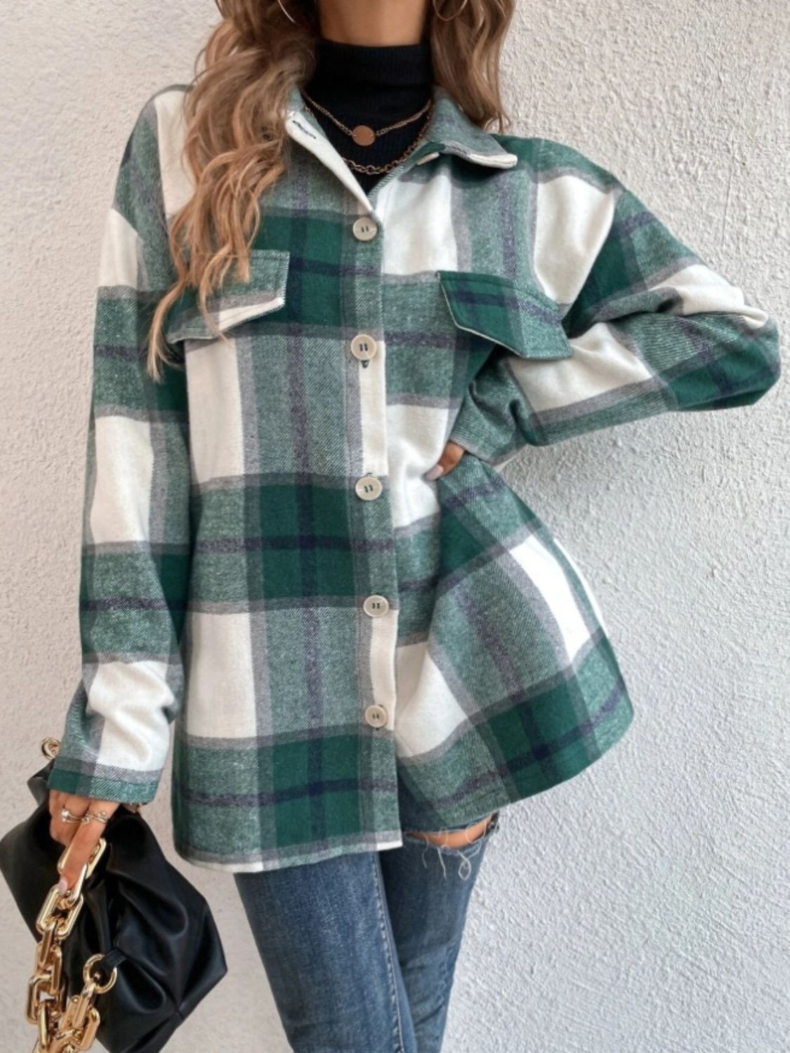 Plaid Collared Neck Dropped Shoulder Shacket