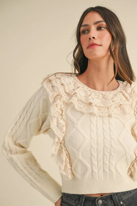 MABLE Ruffled Lace Crochet Sweater Trendsi