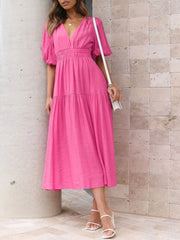 Surplice Half Puff Sleeve Midi Dress OutfitFlow