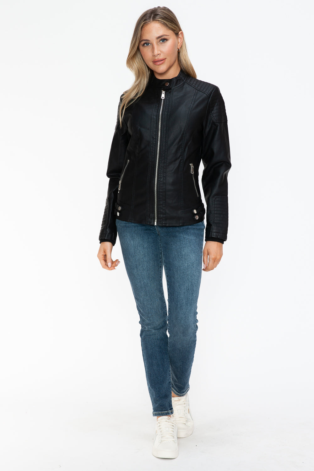 Outfit Flow - Snobbish Faux Leather Biker Jacket with Side Zip Pockets