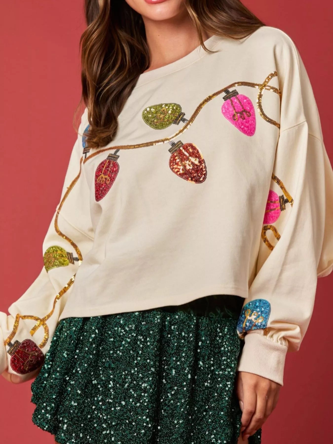 Christmas Holiday Lights Sequin Embellished Sweatshirt OutfitFlow