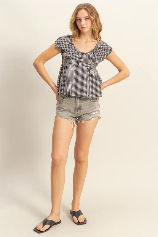 HYFVE Gingham Scoop Neck Cap Sleeve Blouse OutfitFlow