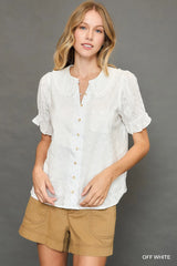 Umgee Peter Pan Collared Button Down Textured Shirt with Ruffled Detail OFF WHITE Trendsi