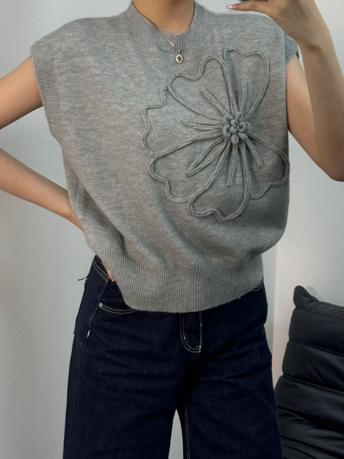 Flower Mock Neck Sweater Vest OutfitFlow