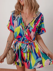 Multicolour Tropical Printed Surplice Neck Tie Waist Romper OutfitFlow