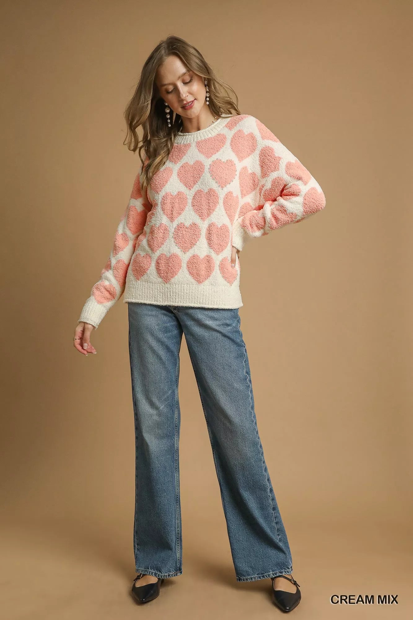 Umgee Mix Heart Pattern Pearl Accent Sweater OutfitFlow