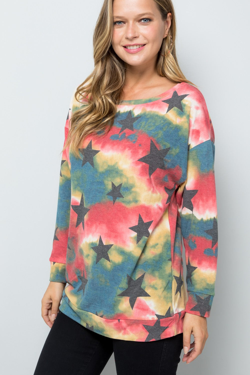 Outfit Flow - Celeste Tie-Dye Star Round Neck Long Sleeve T-Shirt