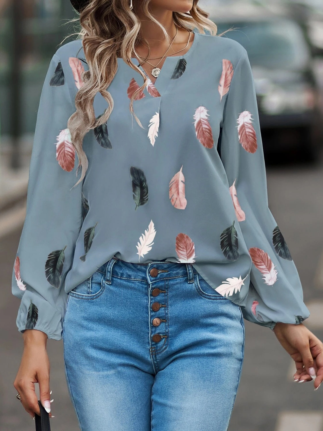 Feather Print Notched Balloon Sleeve Top