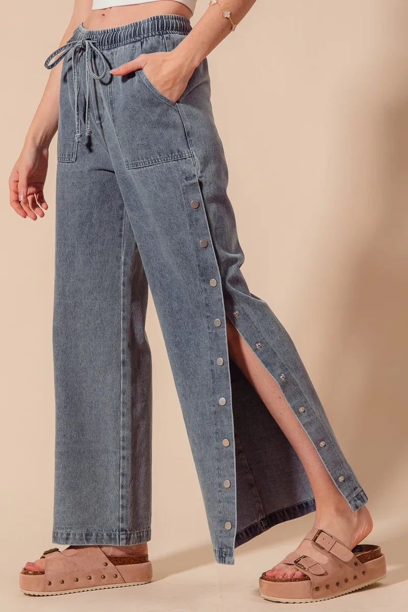 SO ME Mid Rise Drawstring Jeans with Side Snap Button OutfitFlow