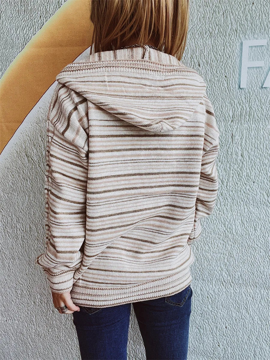 Striped Long Sleeve Hooded Sweater Trendsi