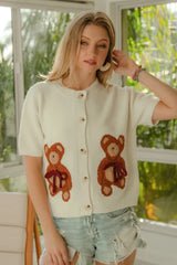 BiBi Teddy Bear With Bow Patched Sweater Button Down Top OutfitFlow